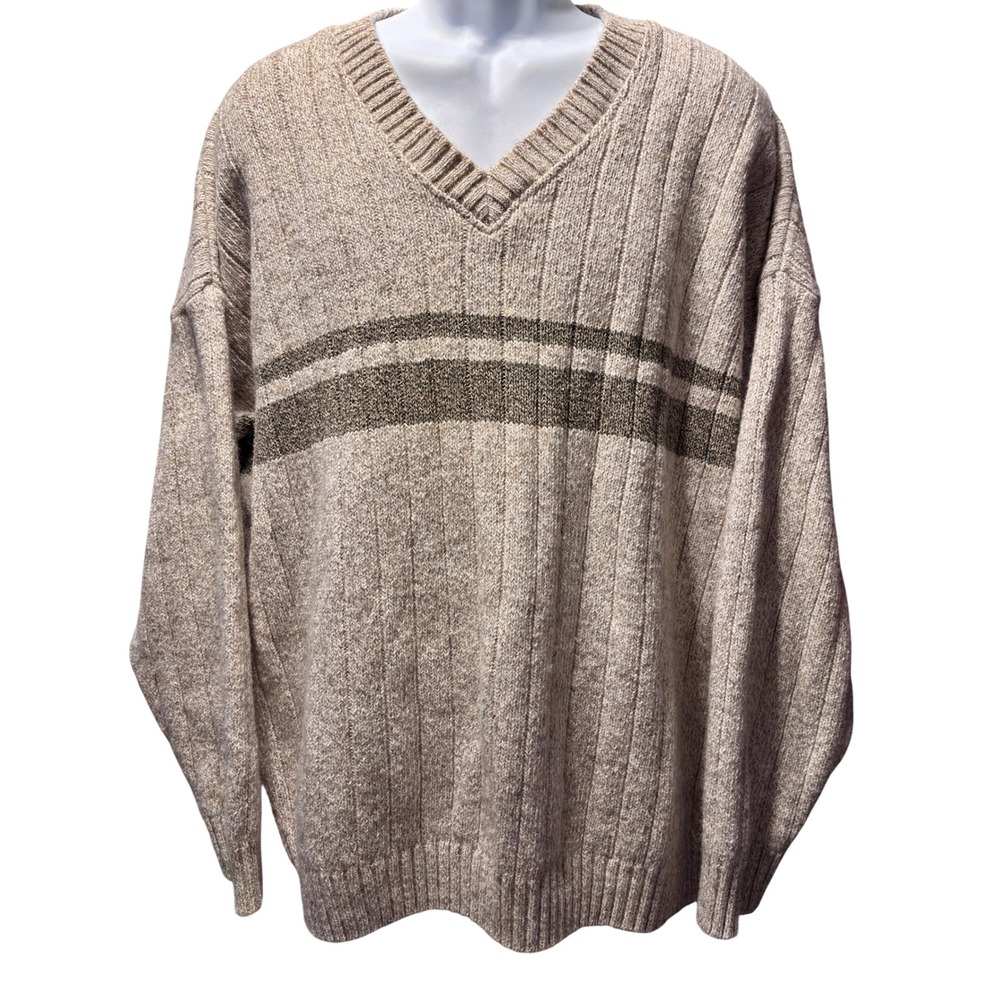 WindRiver V-Neck Sweater Mens 2XL Oatmeal Tan Wool Blend Ribbed VTG Excellent